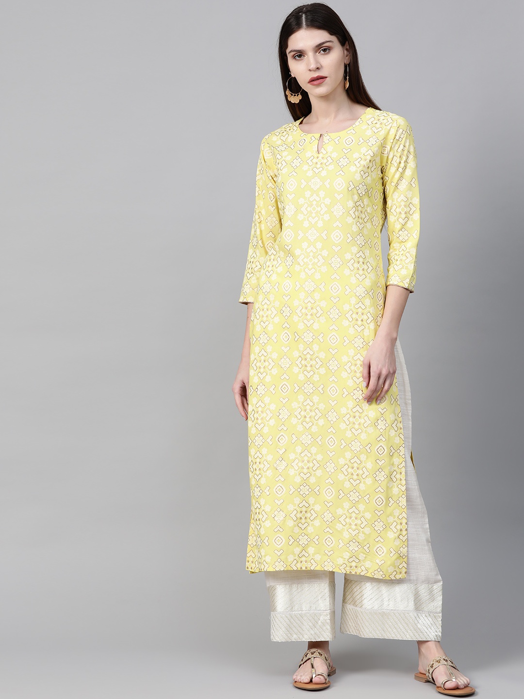 

Indo Era Women Yellow & Cream-Coloured Printed Straight Kurta