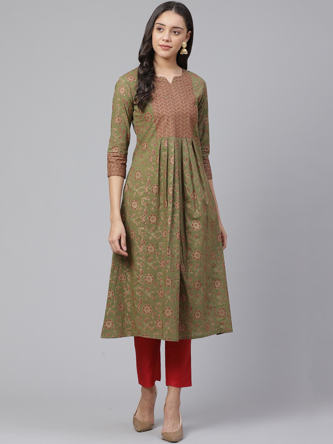 

Indo Era Women Olive Green & Maroon Foil Print A-Line Kurta