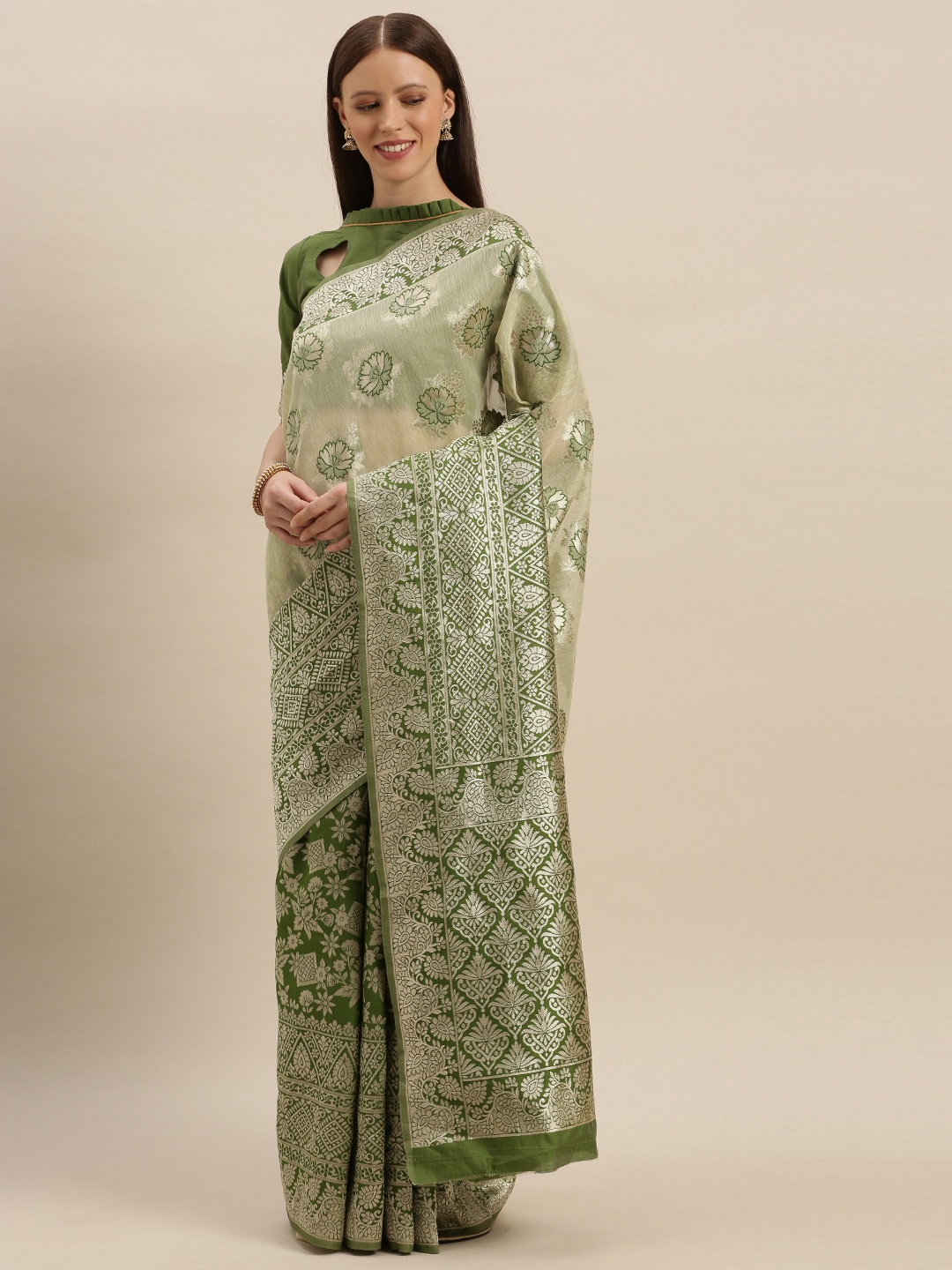 

SHAVYA Olive Green & Silver-Toned Silk Blend Woven Design Banarasi Saree