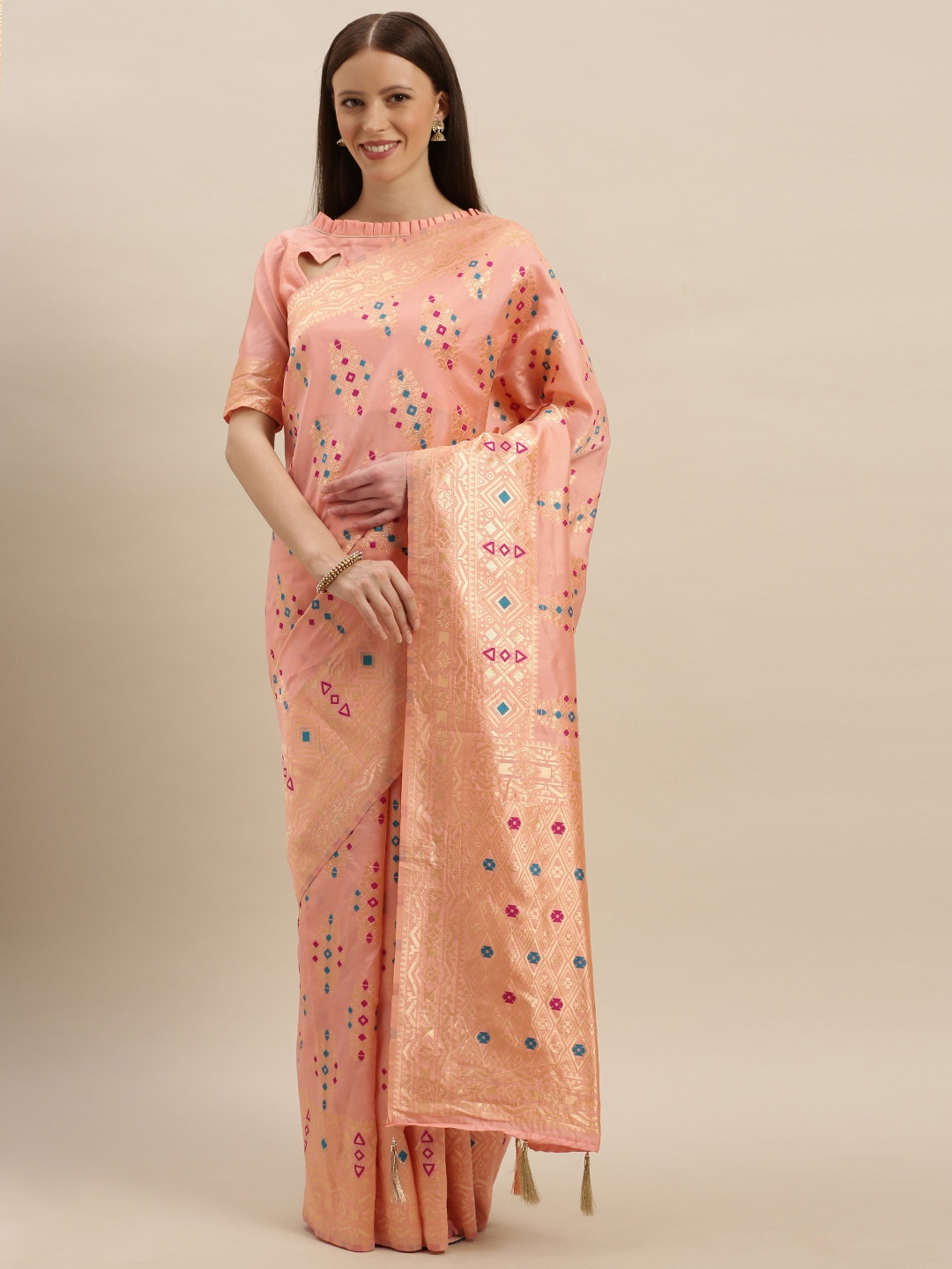 

SHAVYA Peach-Coloured & Black Silk Blend Woven Design Banarasi Saree