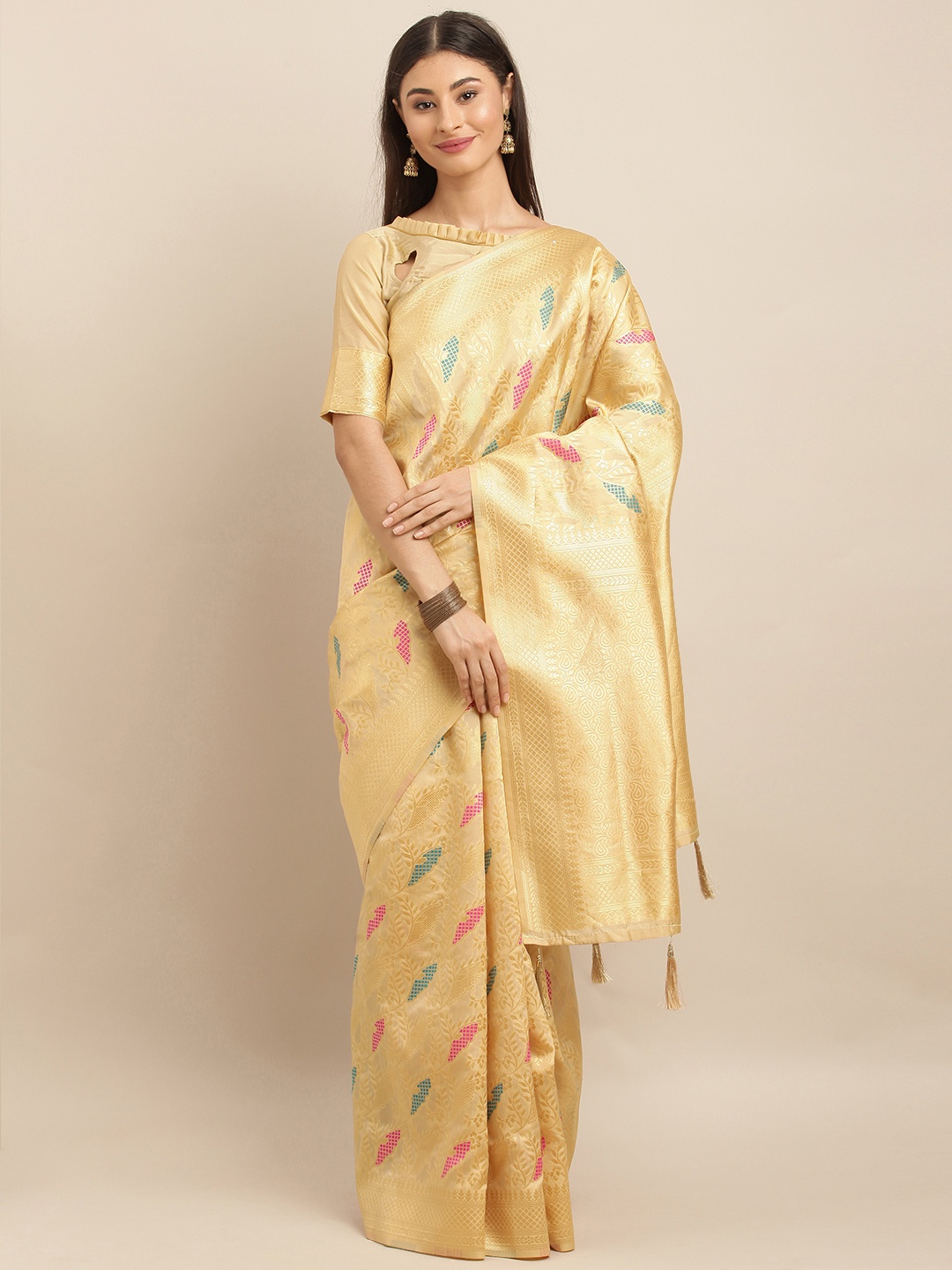 

SHAVYA Yellow & Pink Silk Blend Woven Design Banarasi Saree