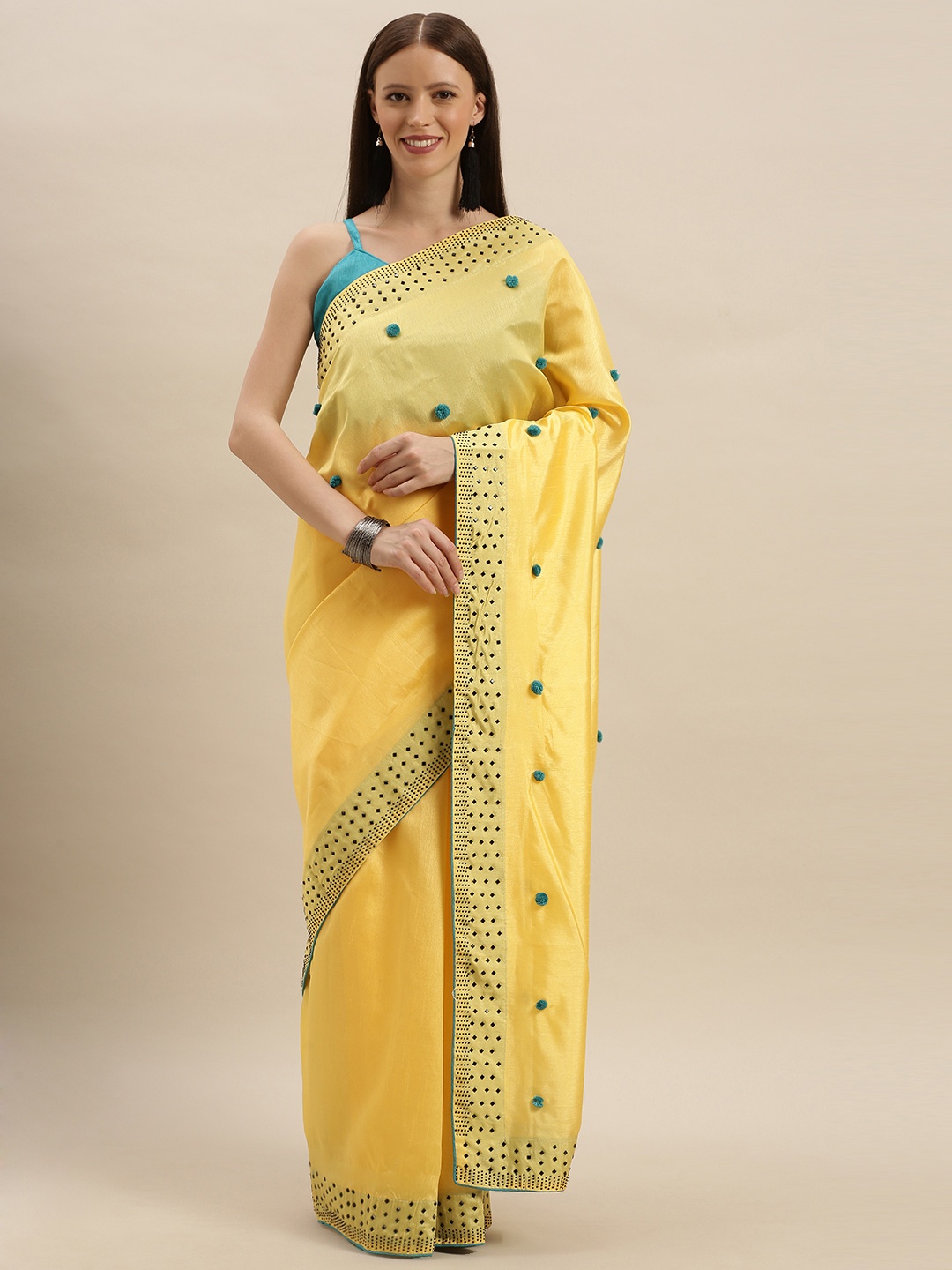 

SHAVYA Yellow Embellished Silk Blend Saree