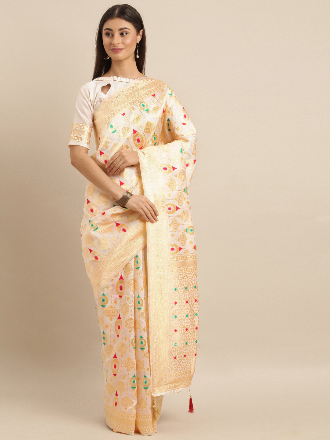 

SHAVYA White & Gold-Toned Silk Blend Woven Design Banarasi Saree