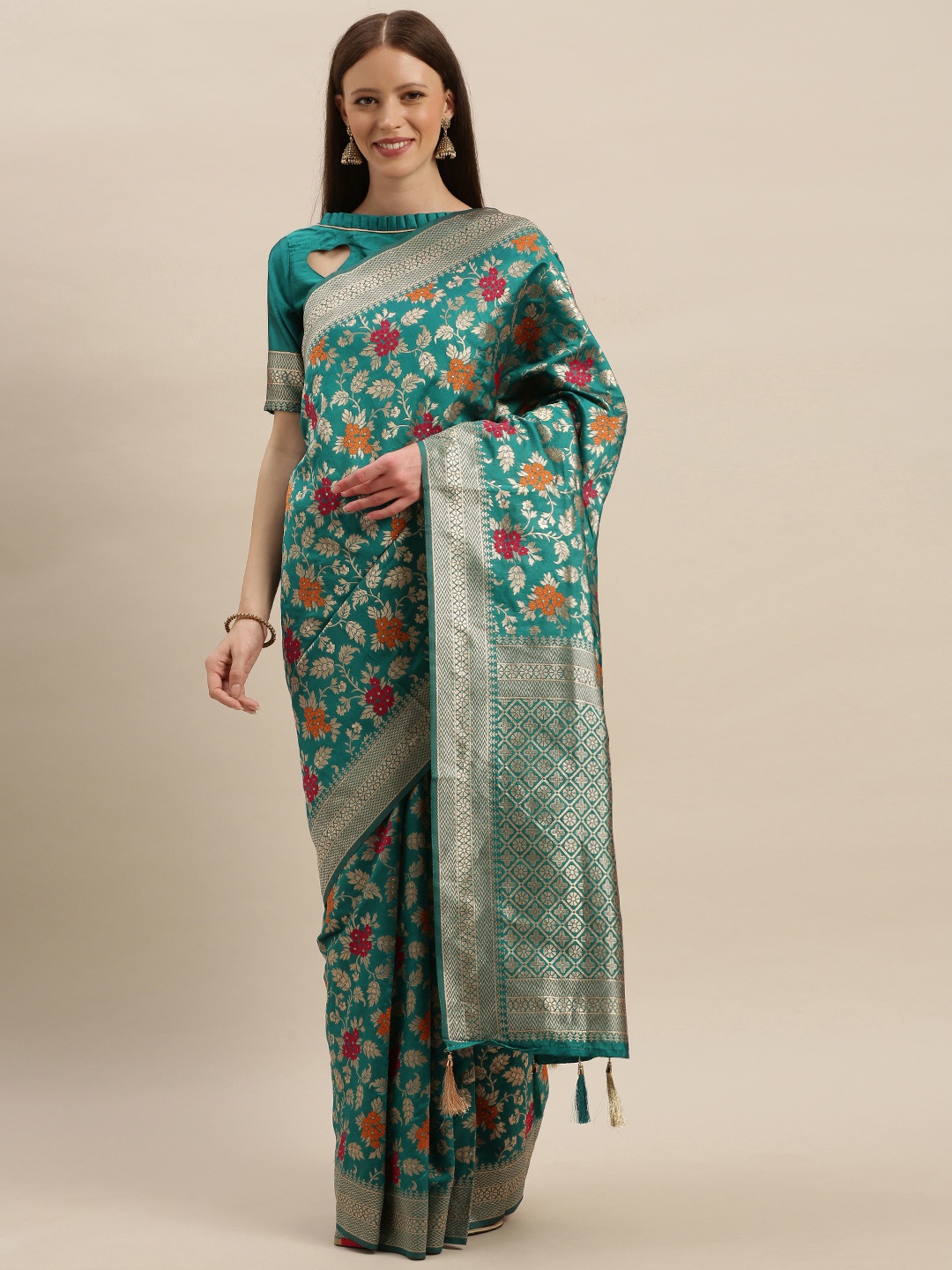 

SHAVYA Green & Gold-Coloured Silk Blend Woven Design Banarasi Saree