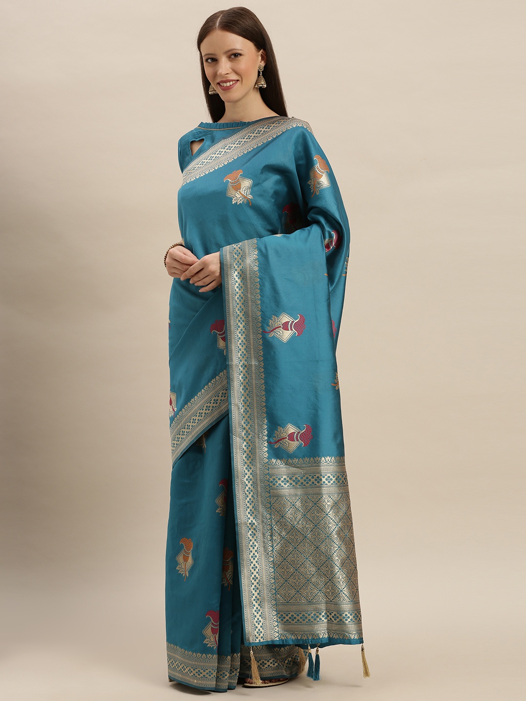 

SHAVYA Turquoise Blue Silk Blend Woven Design Banarasi Saree