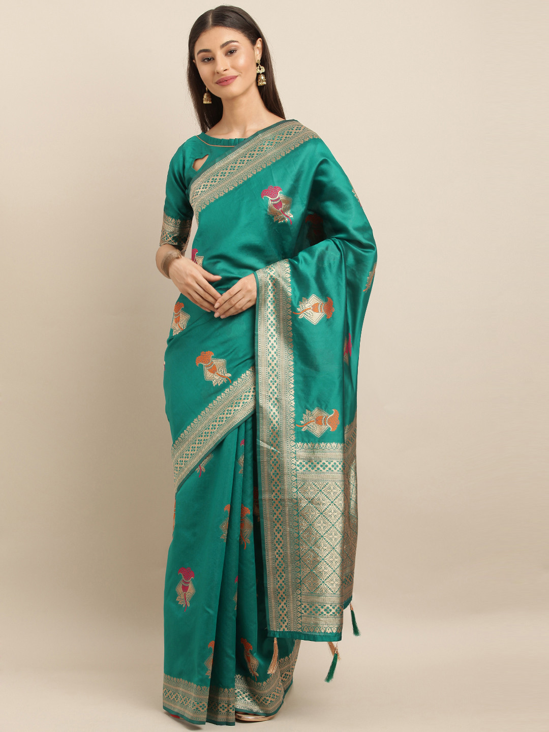 

SHAVYA Green & Gold-Toned Floral Woven Design Banarasi Saree