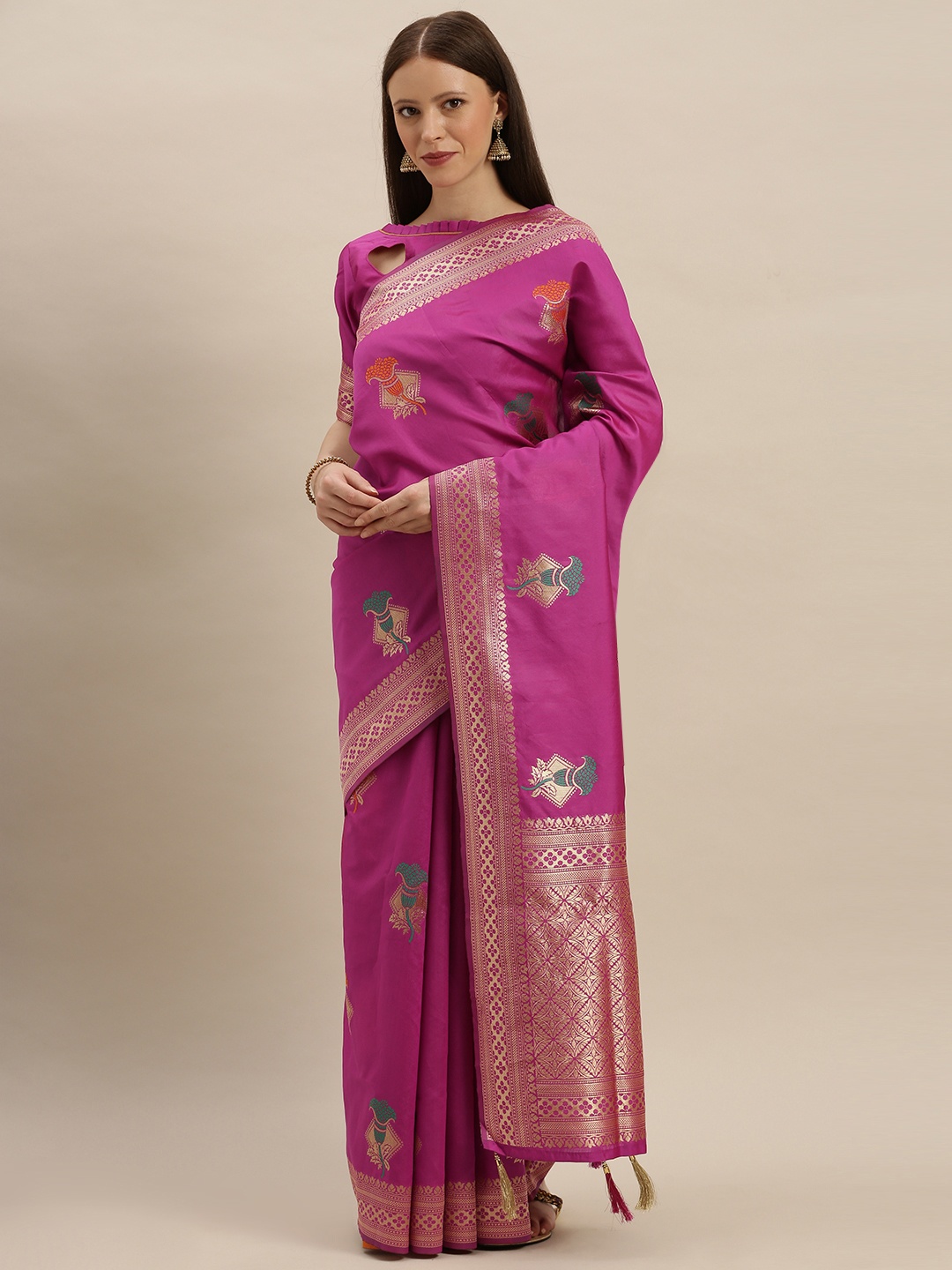 

SHAVYA Pink & Gold-Coloured Silk Blend Woven Design Banarasi Saree