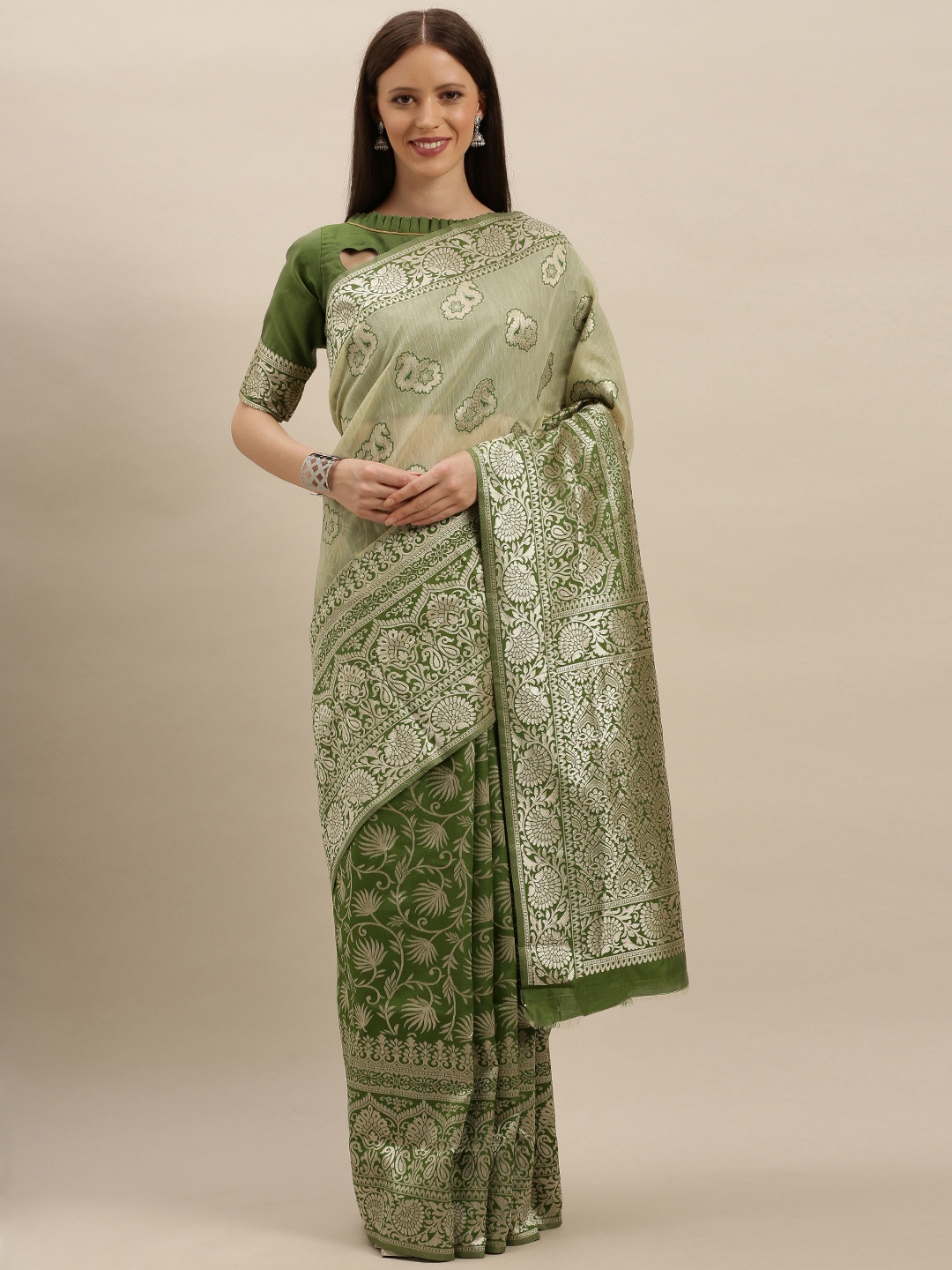 

SHAVYA Green & Gold-Toned Silk Blend Woven Design Banarasi Saree