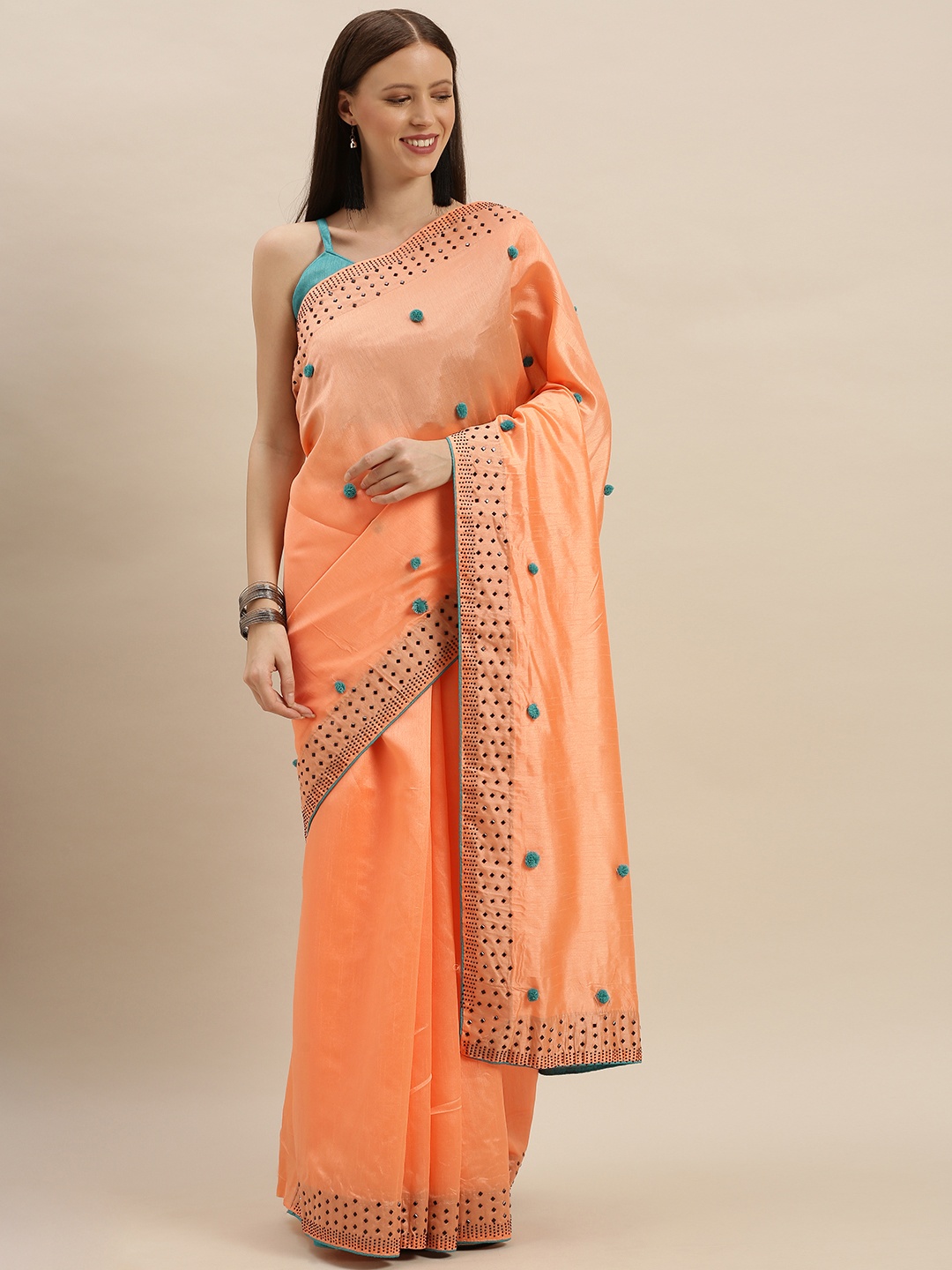 

SHAVYA Peach-Coloured Embellished Silk Blend Saree