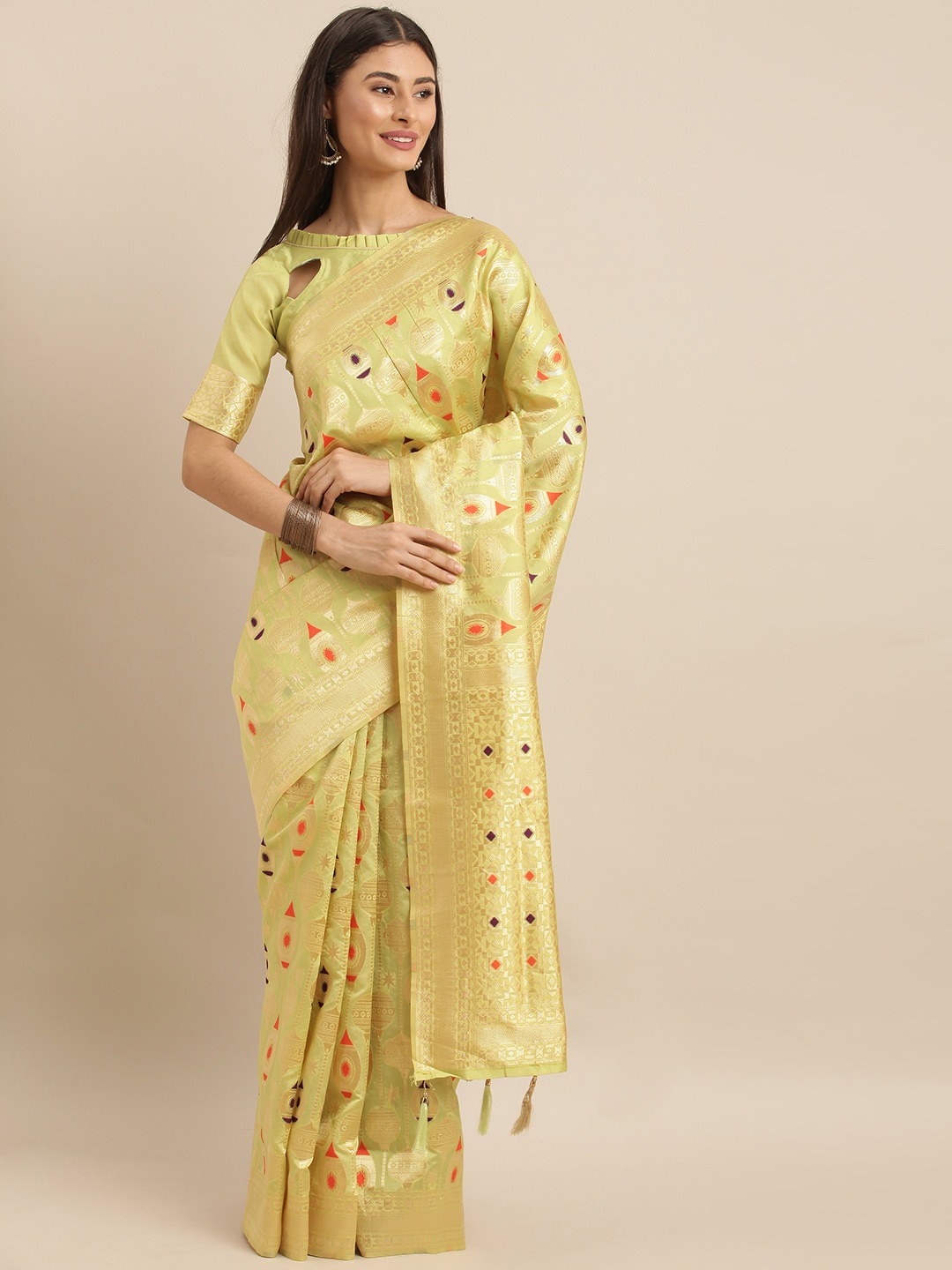 

SHAVYA Lime Green & Beige Silk Blend Woven Design Banarasi Saree