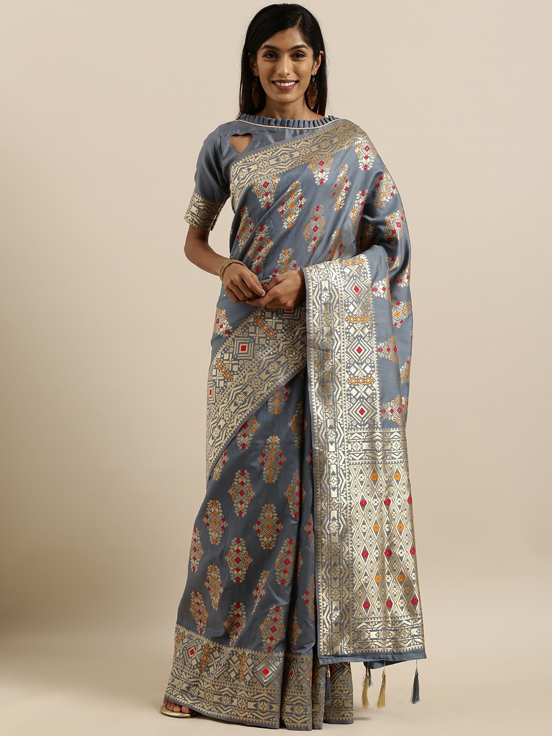 

SHAVYA Grey & Gold-Toned Silk Blend Woven Design Banarasi Saree