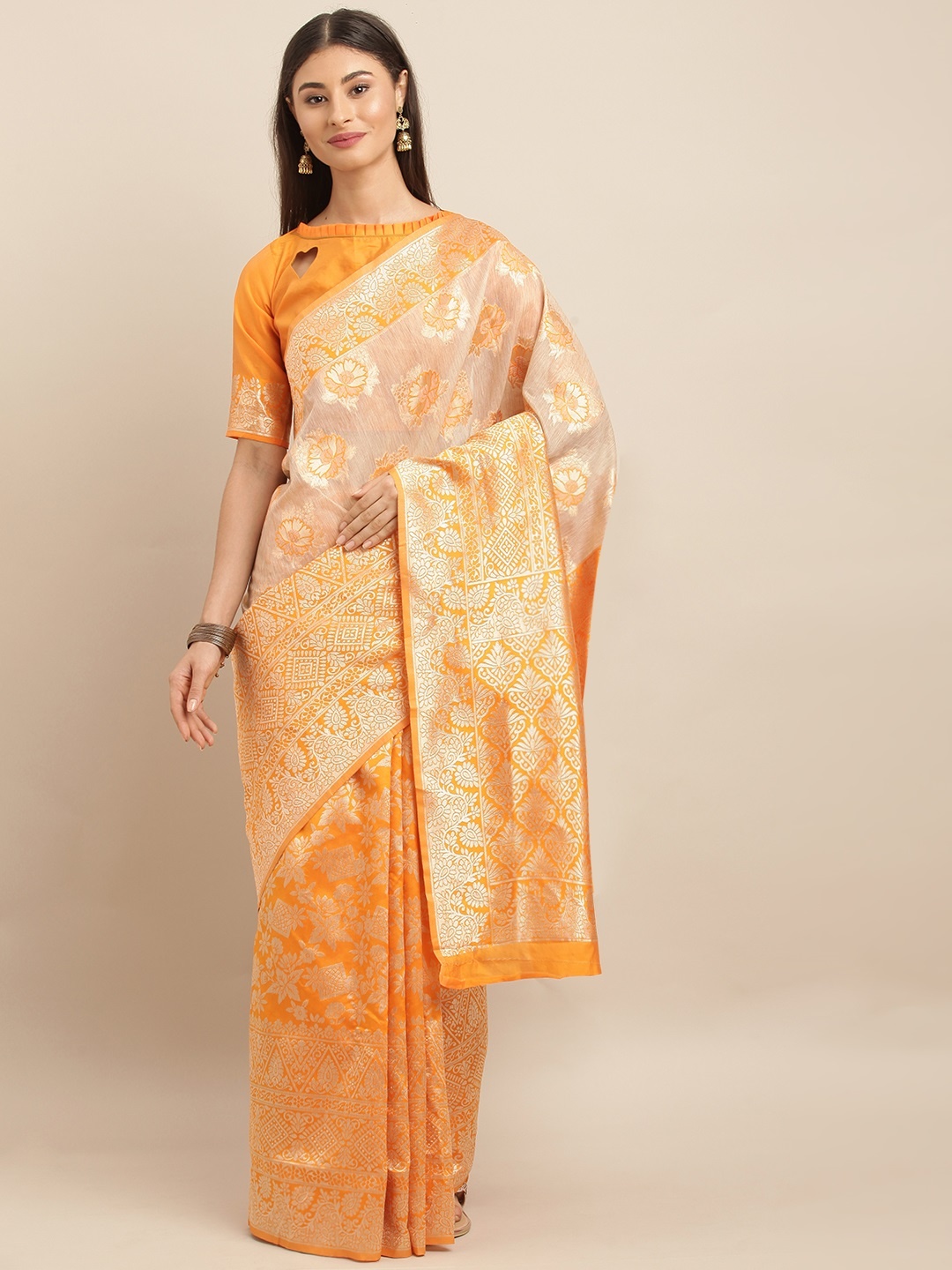 

SHAVYA Orange & Beige Silk Blend Woven Design Banarasi Saree