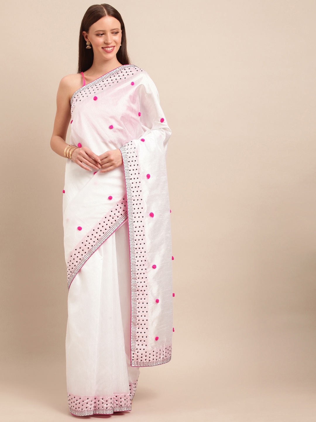 

SHAVYA White & Pink Silk Blend Embellished Saree