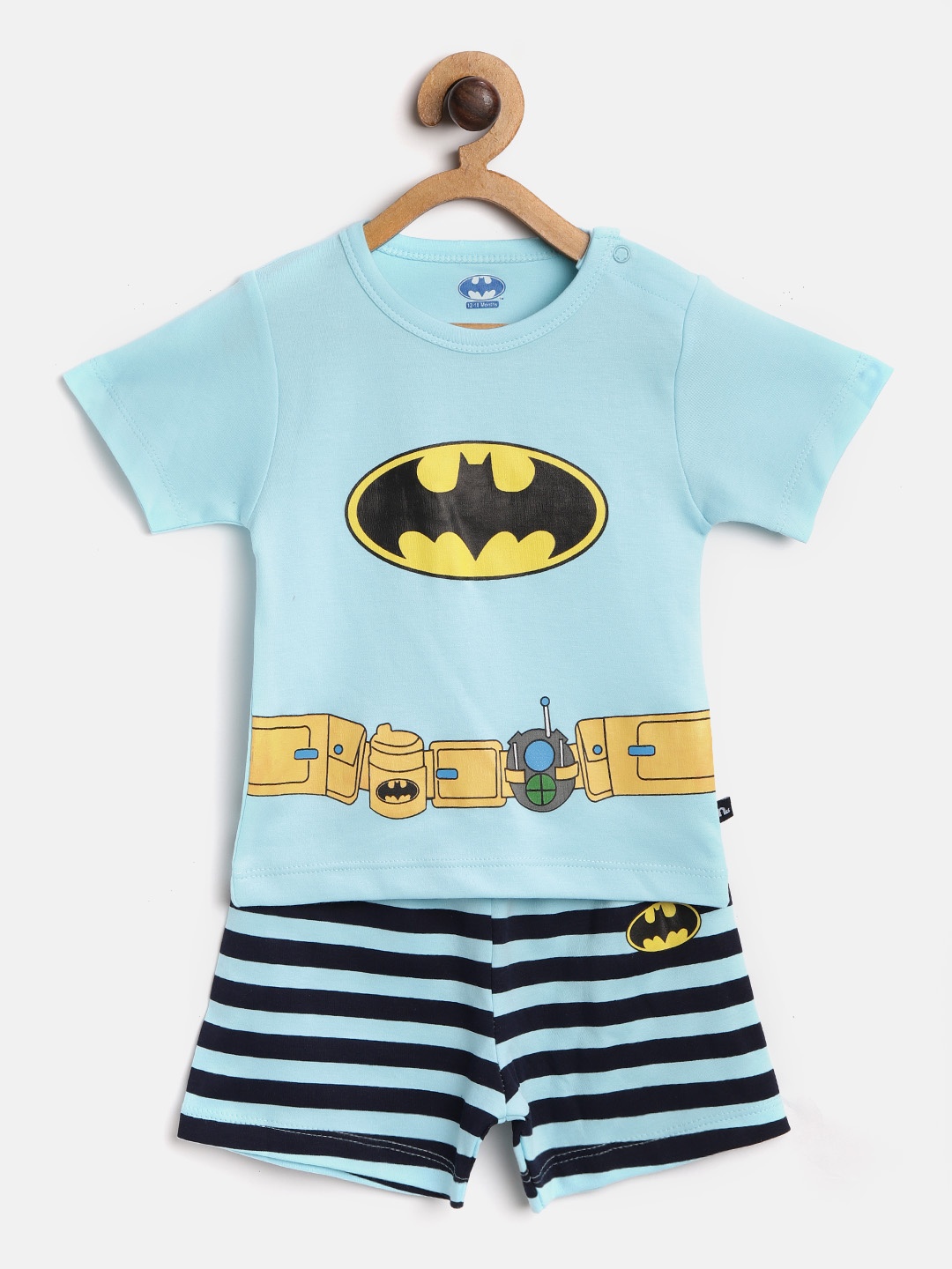 

Moms Love Boys Blue Batman Logo Printed T-shirt with Striped horts