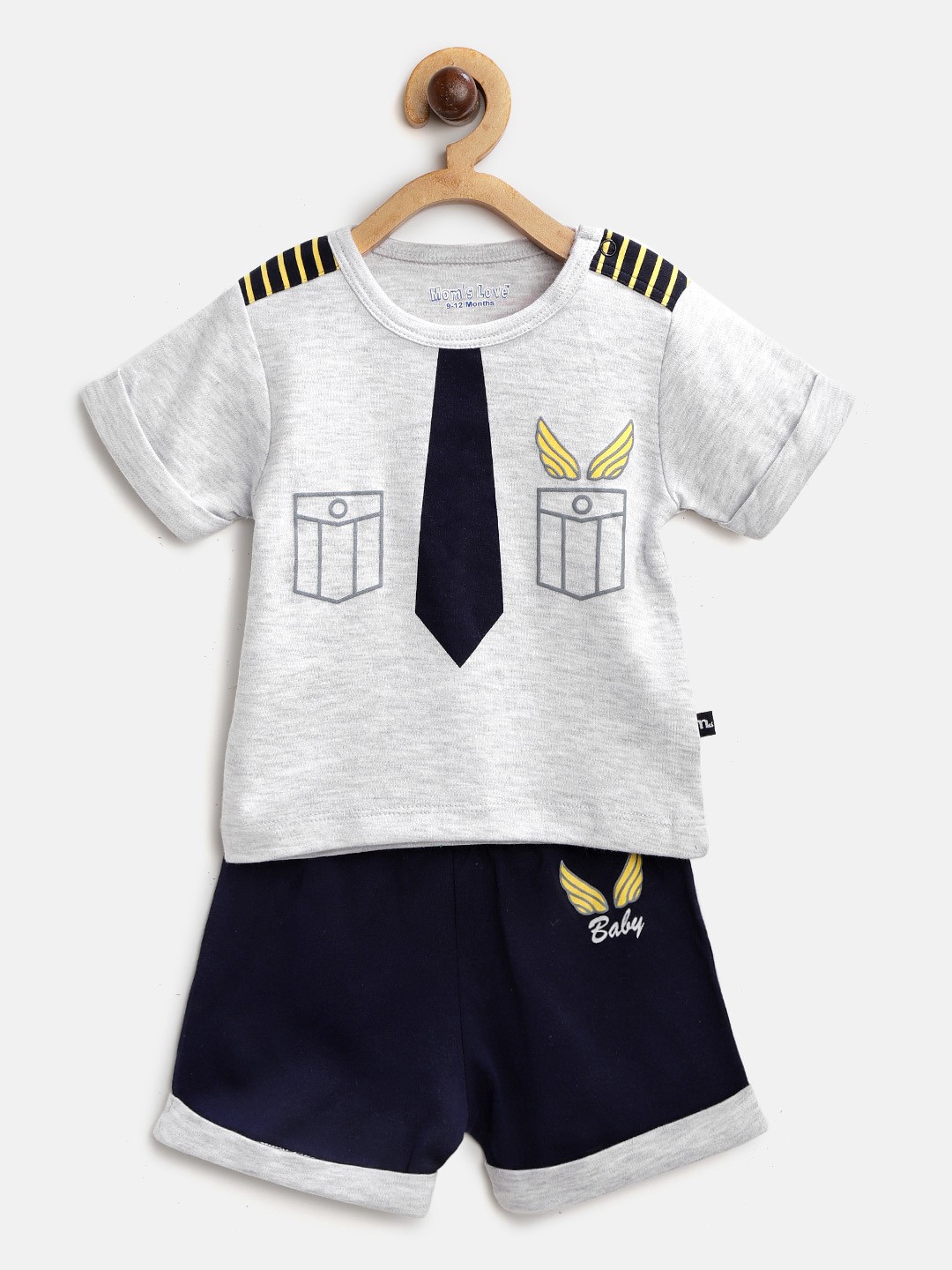 

Moms Love Boys Grey Melange & Navy Blue Printed T-shirt & Shorts