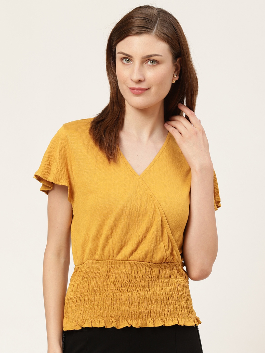 

COVER STORY Women Mustard Yellow Solid Wrap Top