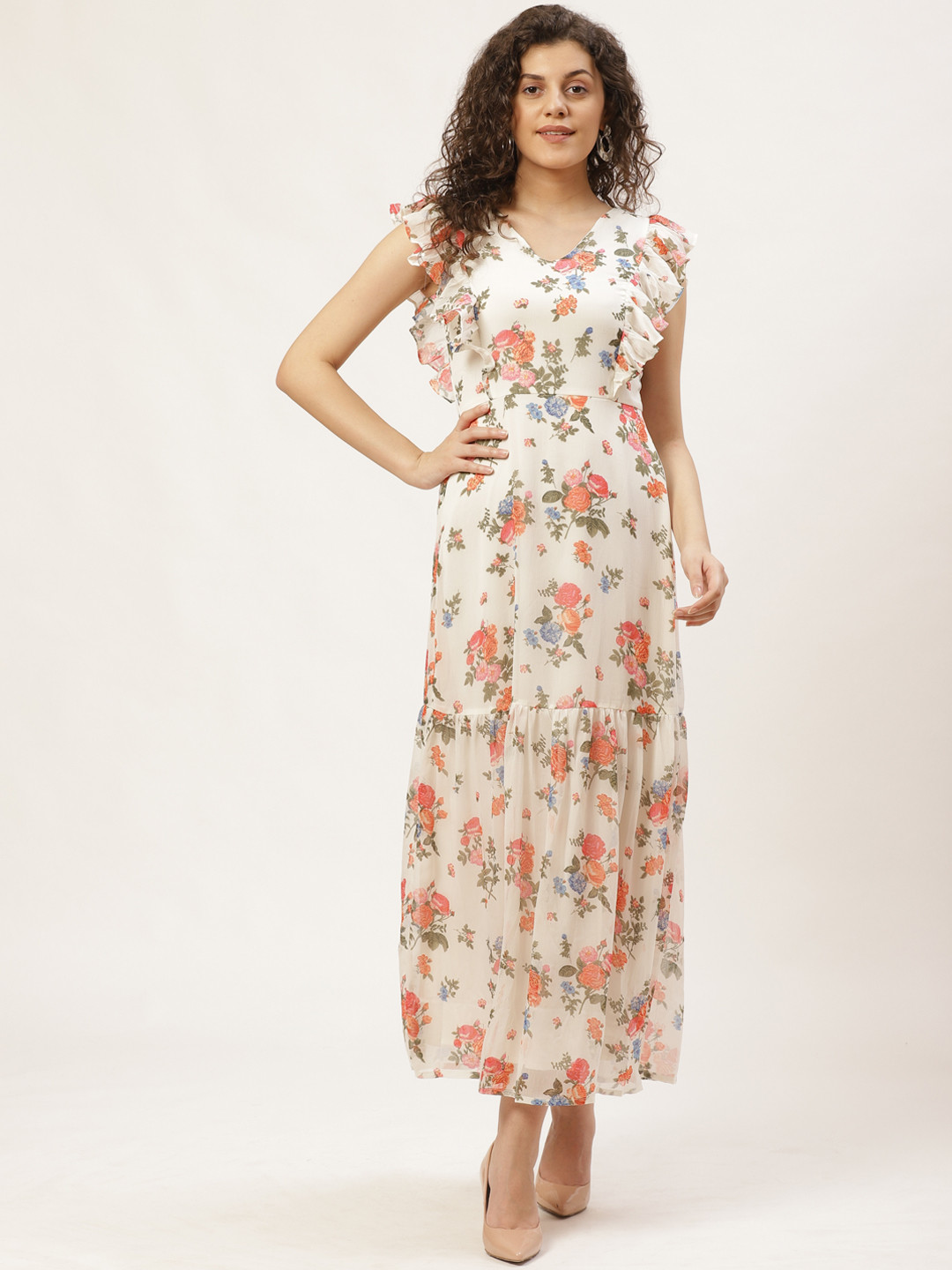 

COVER STORY Women Off-White & Orange Floral Print Maxi Dress