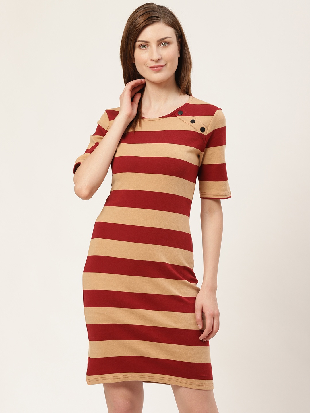 

COVER STORY Women Maroon & Beige Striped T-shirt Dress