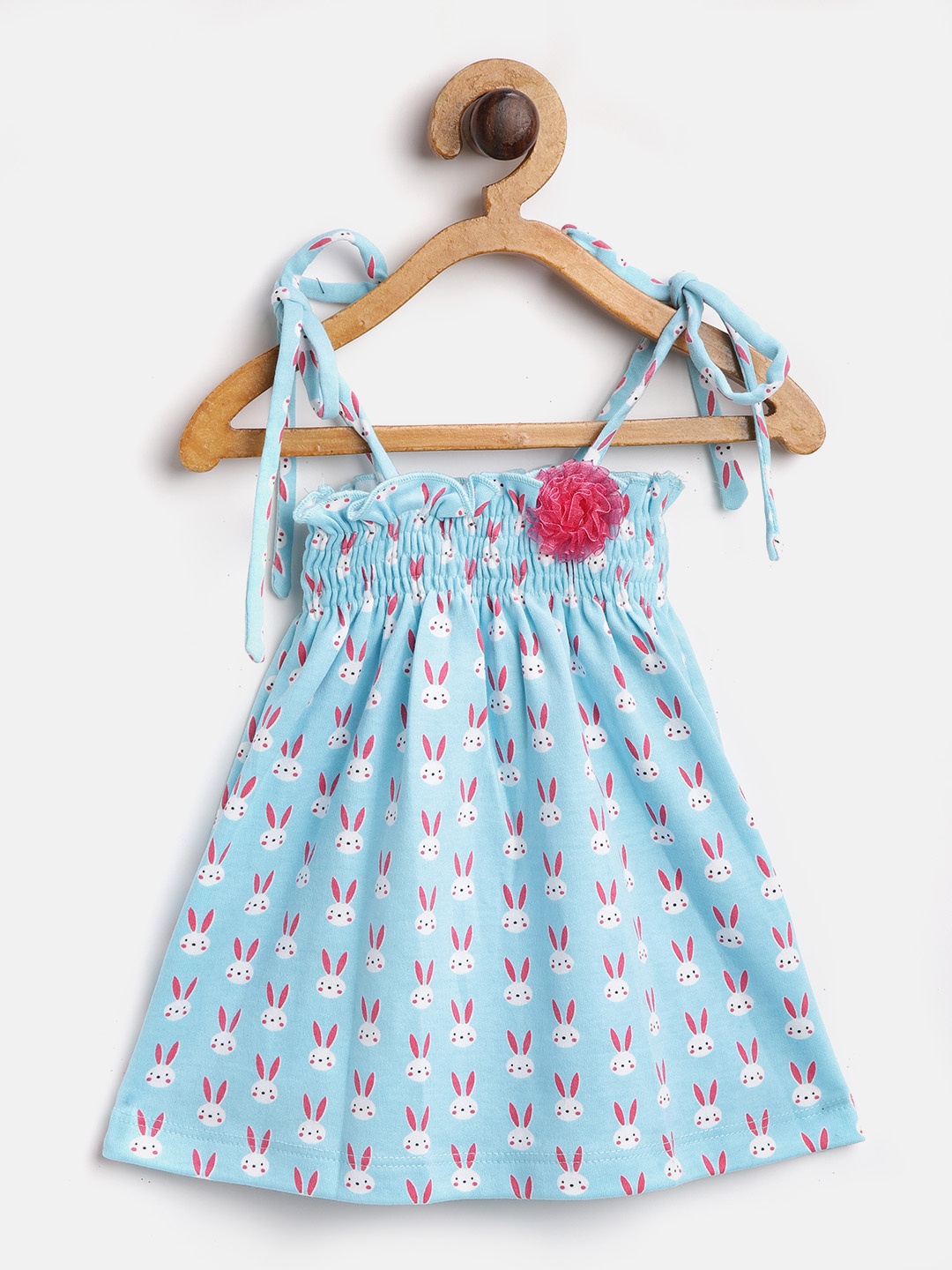 

Moms Love Girls Blue Rabbit Printed A-Line Dress With Smocked Detail