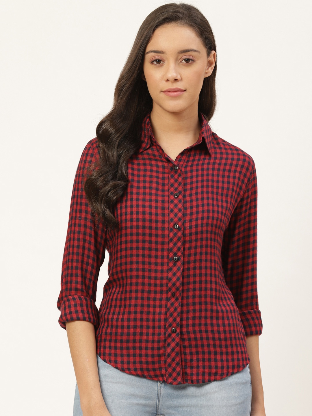 

Trend Arrest Women Red & Navy Blue Checked Casual Shirt