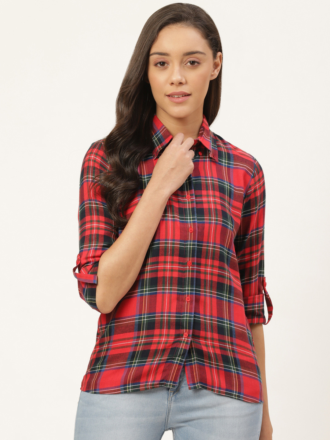 

Trend Arrest Women Red & Navy Blue Regular Fit Checked Casual Shirt