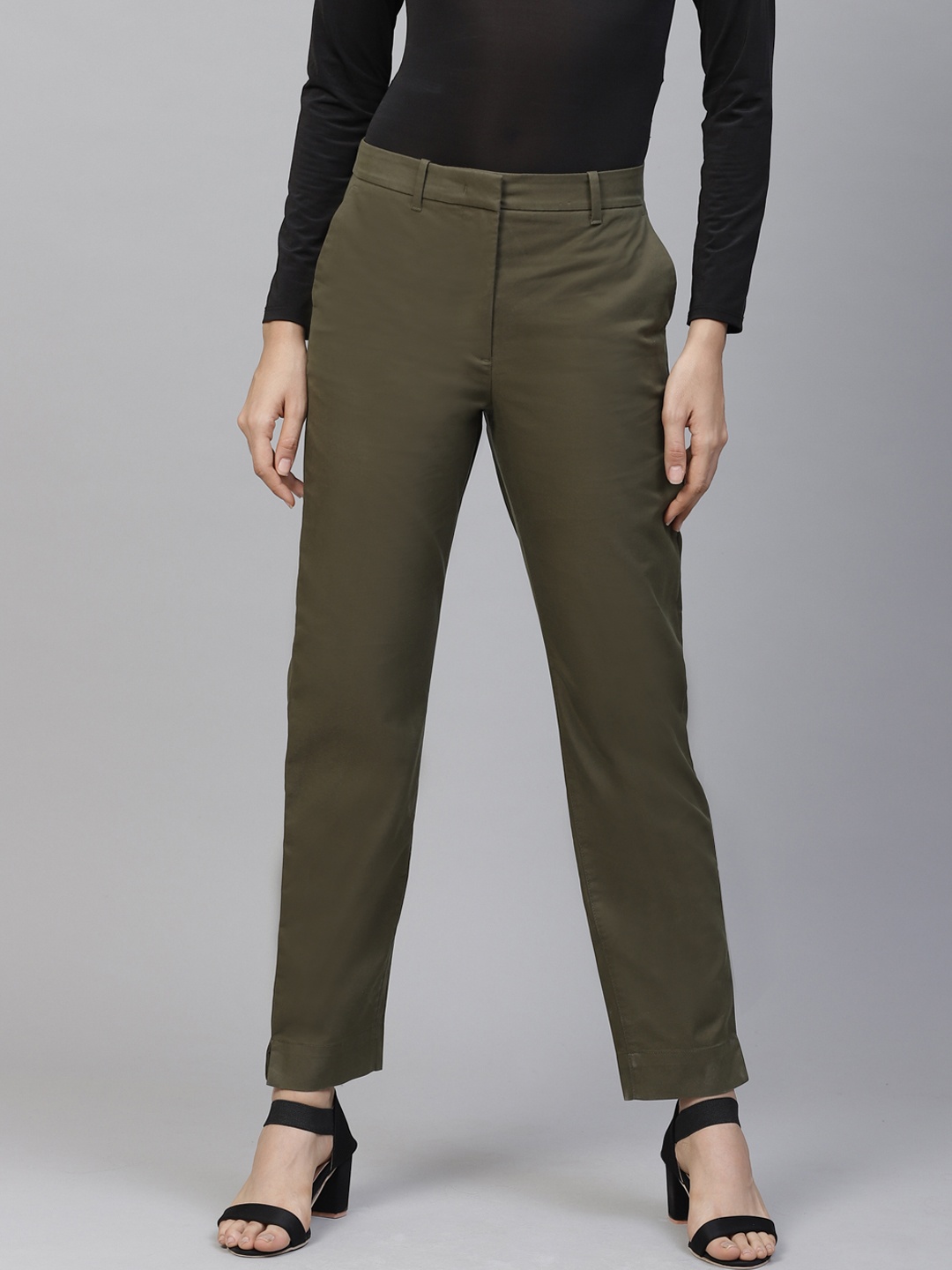 

Marks & Spencer Women Olive Green Straight Fit Solid Formal Trousers