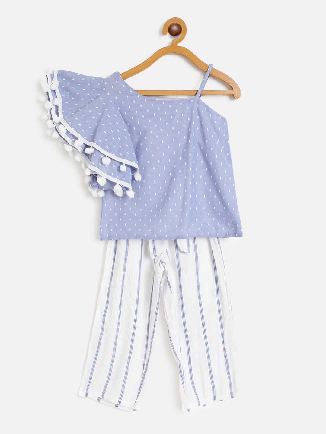 pspeaches Girls Blue & White Self Design Top with Striped Trousers