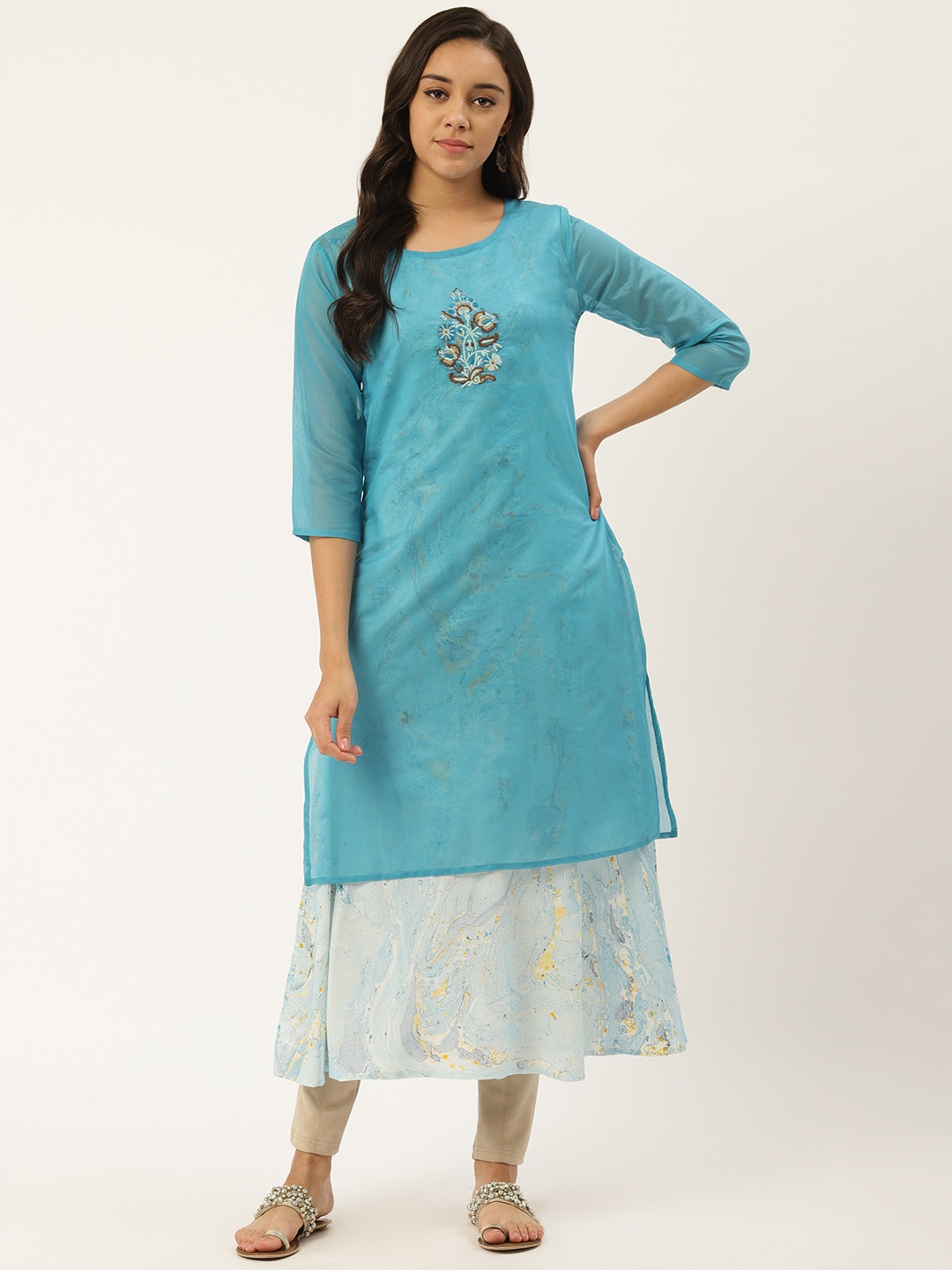 

RANGMAYEE Women Blue & White Embroidered Layered A-Line Kurta