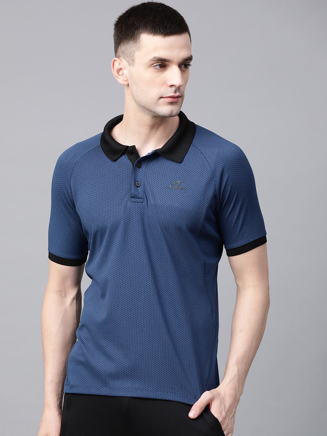 

Alcis Men Navy Blue Self-Design Slim Fit Polo Collar Training T-shirt