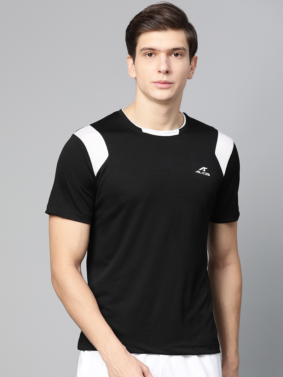 

Alcis Men Black & White Slim Fit Self Checked Round Neck Running T-shirt