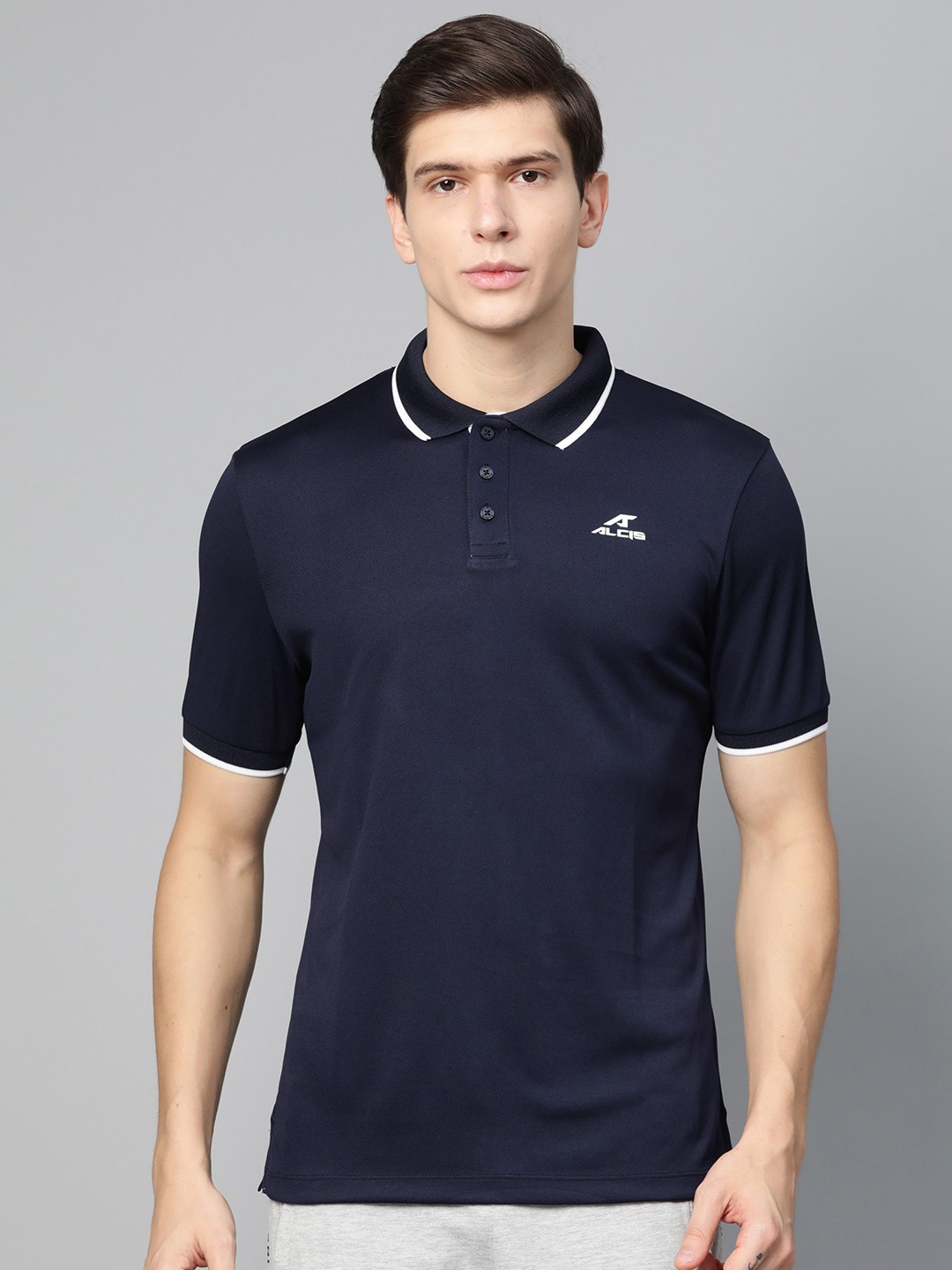 

Alcis Men Navy Blue Solid Polo Collar Training T-shirt