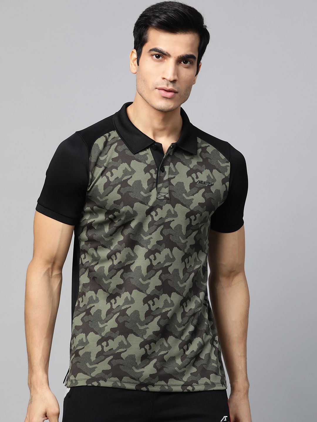 

Alcis Men Black & Olive Green Camouflage Print Polo Collar Running T-shirt