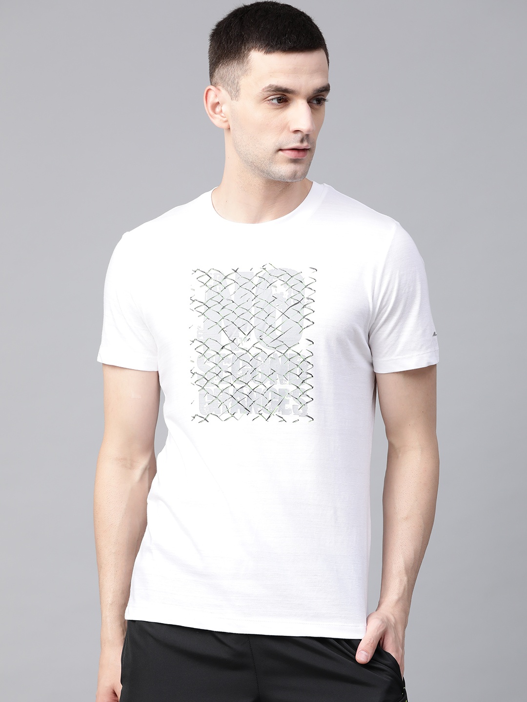 

Alcis Men White Printed Round Neck Running T-shirt