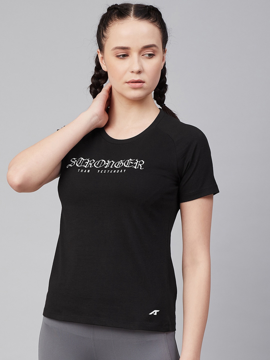 

Alcis Women Black Embroidered Detail Round Neck Slim Fit Training T-shirt