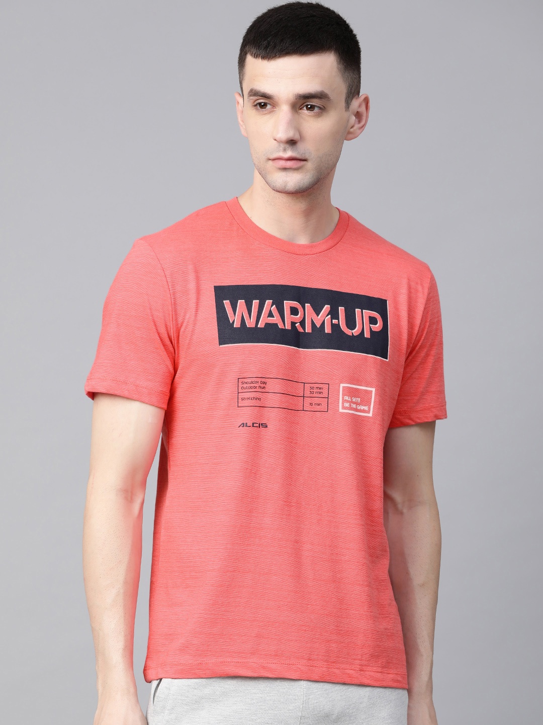 

Alcis Men Coral Pink & Navy Blue Printed Round Neck T-shirt