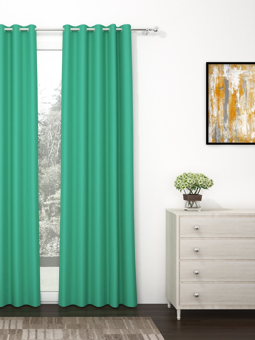 

Story@Home Faux Silk Solid 300GSM Teal Room Darkening Blackout Door Curtain - Set of 1, Green