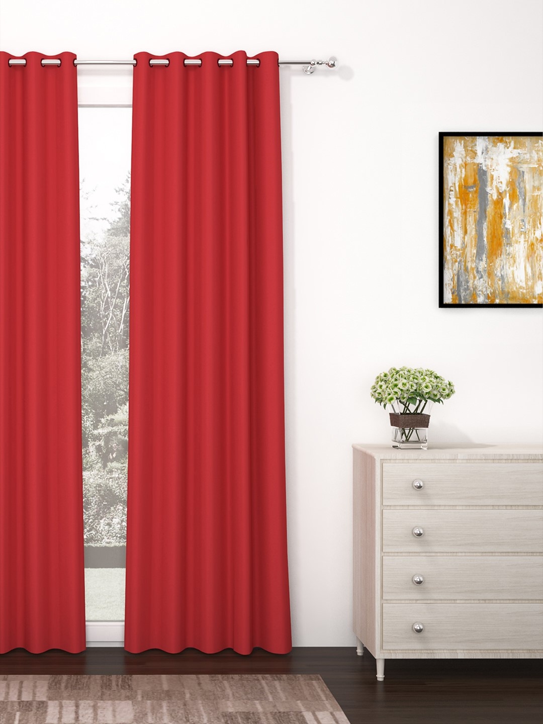 Story@Home Faux Silk Solid 300GSM Red Room Darkening Blackout Door Curtain - Set of 1