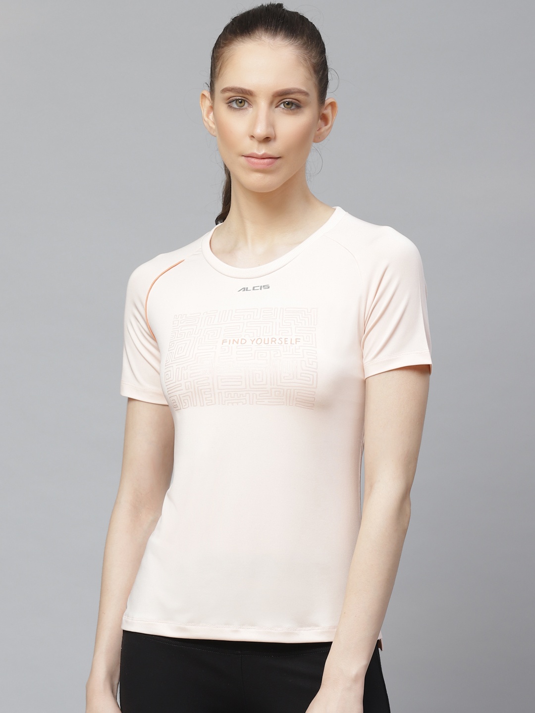 

Alcis Women Peach-Coloured Slim Fit Printed Anti-Viral Training T-shirt, Coral