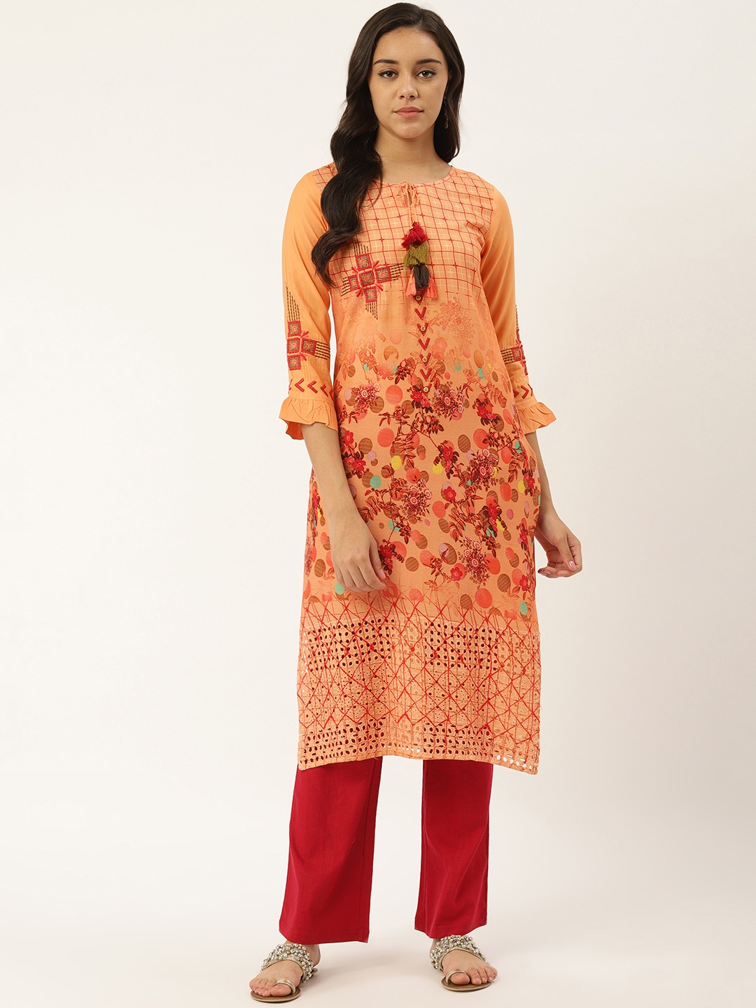 

RANGMAYEE Women Peach-Coloured & Red Floral Printed Straight Kurta