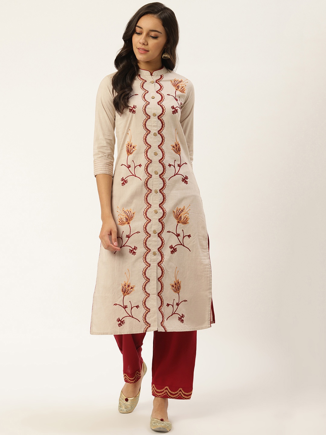 

RANGMAYEE Women Beige & Maroon Embroidered Kurta with Palazzos