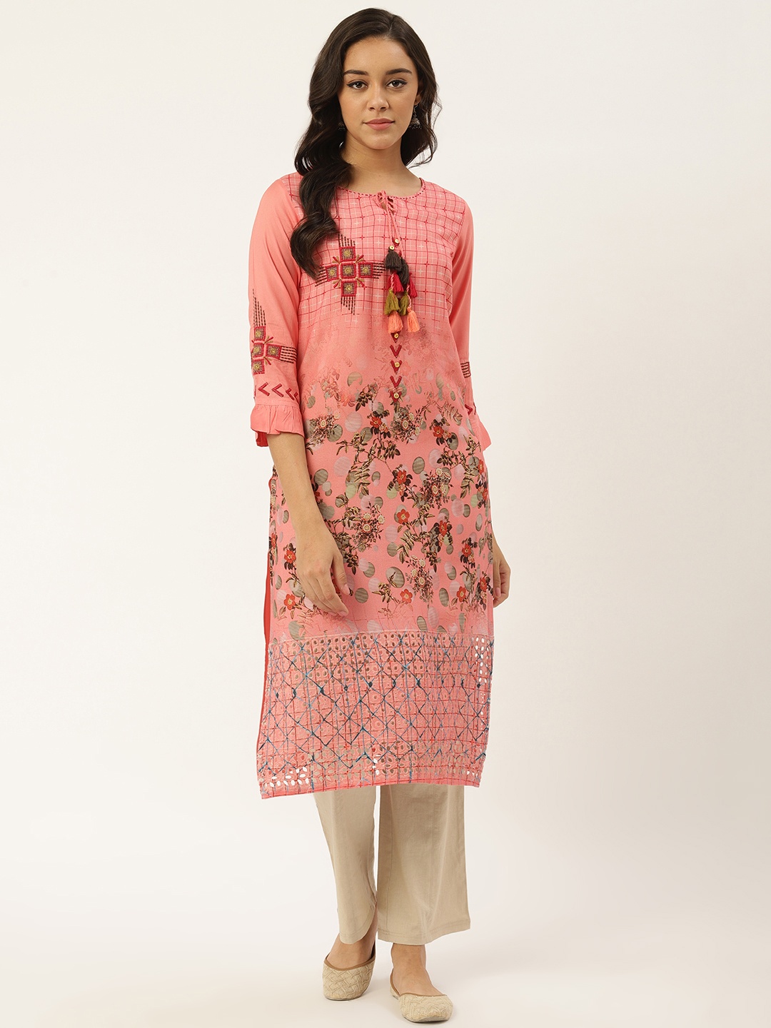 

RANGMAYEE Women Pink & Green Floral Printed Straight Kurta