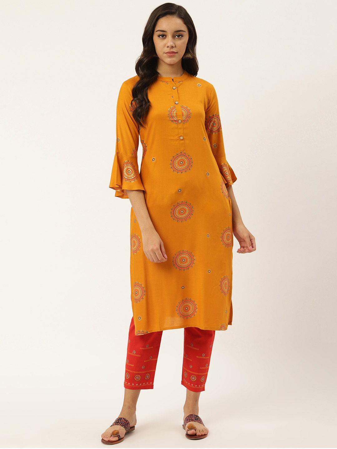 

RANGMAYEE Women Mustard Yellow & Red Printed Kurta with Trousers