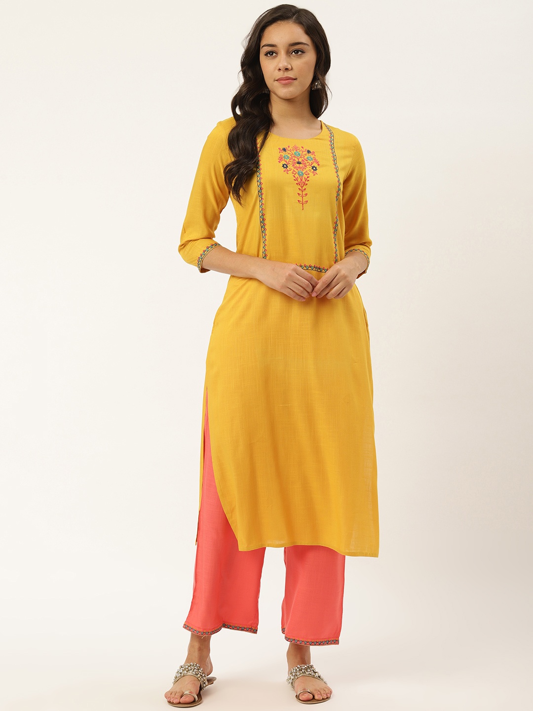 

RANGMAYEE Women Mustard Yellow Embroidered Kurta with Palazzos