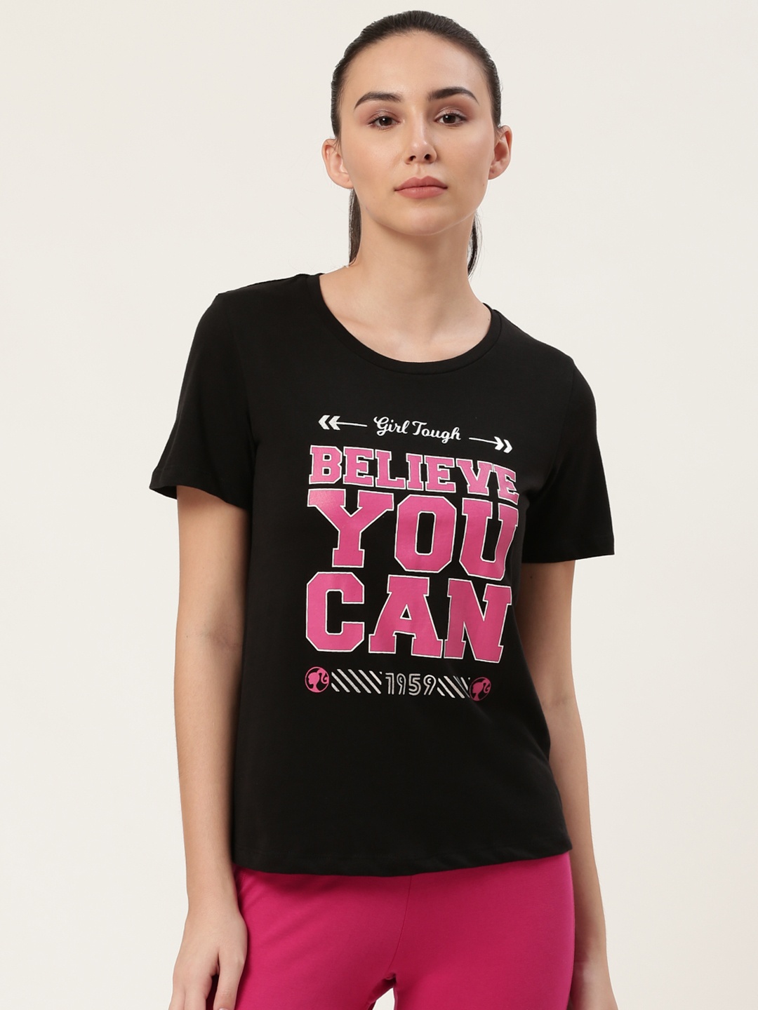 

toothless Women Black Pink Typography Printed Round Neck Pure Cotton T-shirt