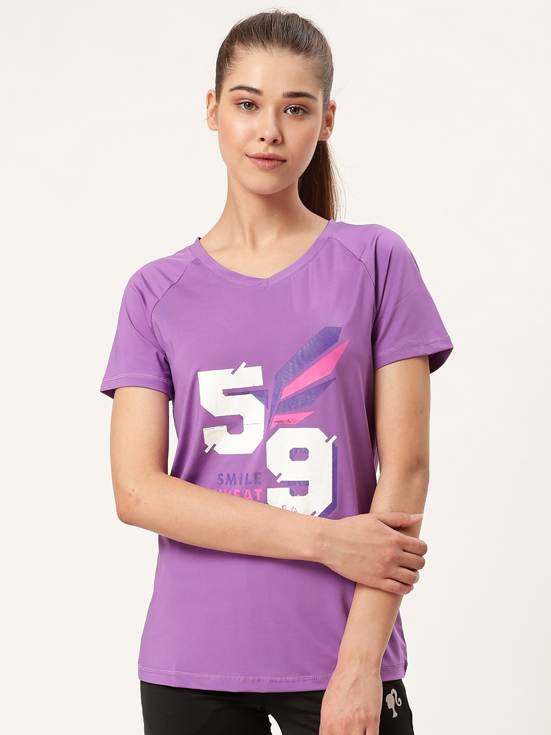 

toothless Women Purple & White Printed Round Neck Barbie T-Shirt