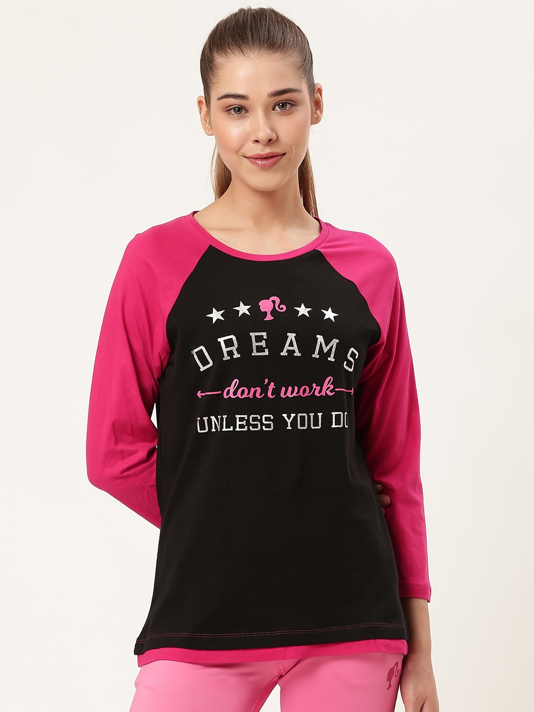 

toothless Women Black & Pink Printed Barbie Round Neck T-shirt