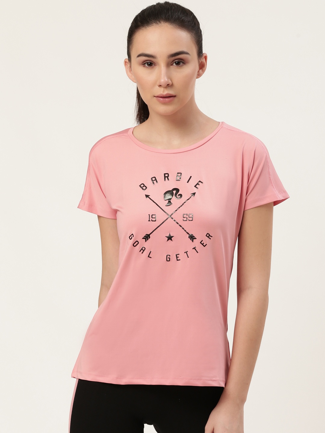 

toothless Women Dusty Pink & Black Printed Barbie Round Neck T-shirt