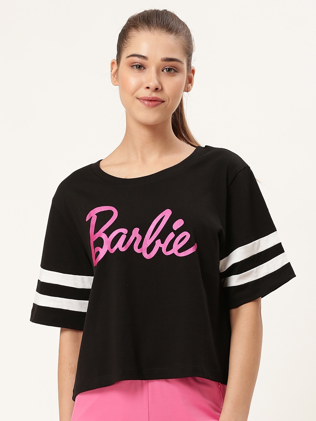 

toothless Women Black Printed Barbie Round Neck T-shirt