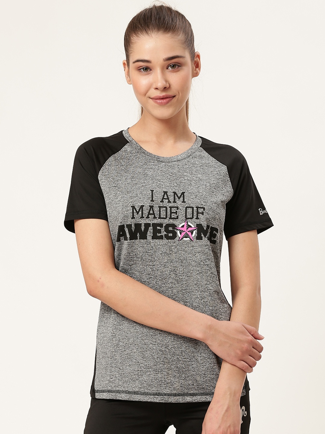 

toothless Women Grey & Black Barbie Round Neck T-shirt