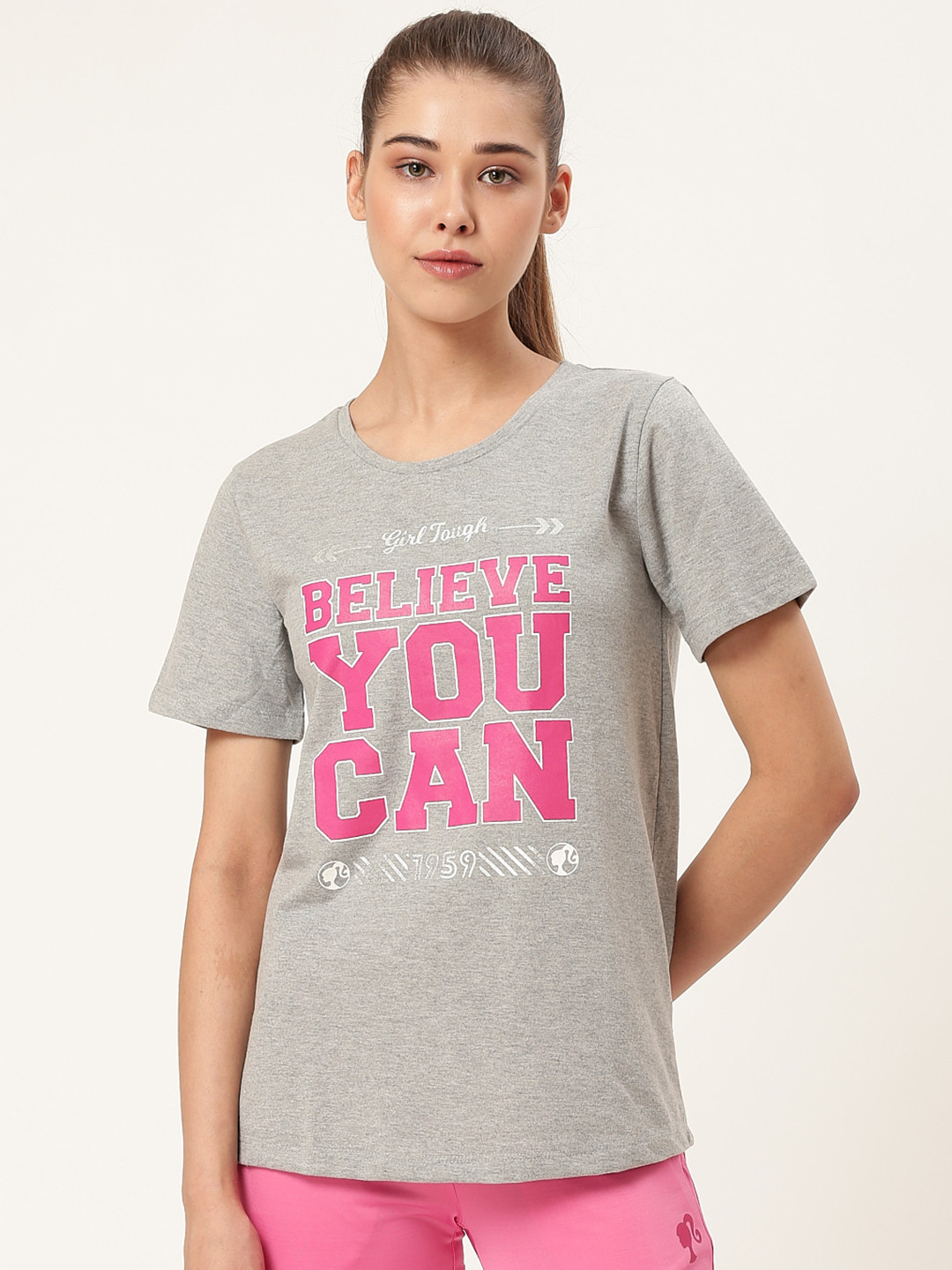 

toothless Women Grey Melange & Pink Printed Round Neck T-shirt